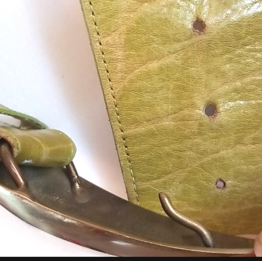 80's Vtg Leather Mod Brass Buckle Olive Pea Green 2.5" Waist BELT by DETAILS usa - Picture 6 of 13